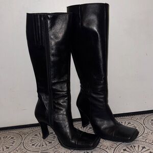 Square toe Black Knee-High Leather Boots